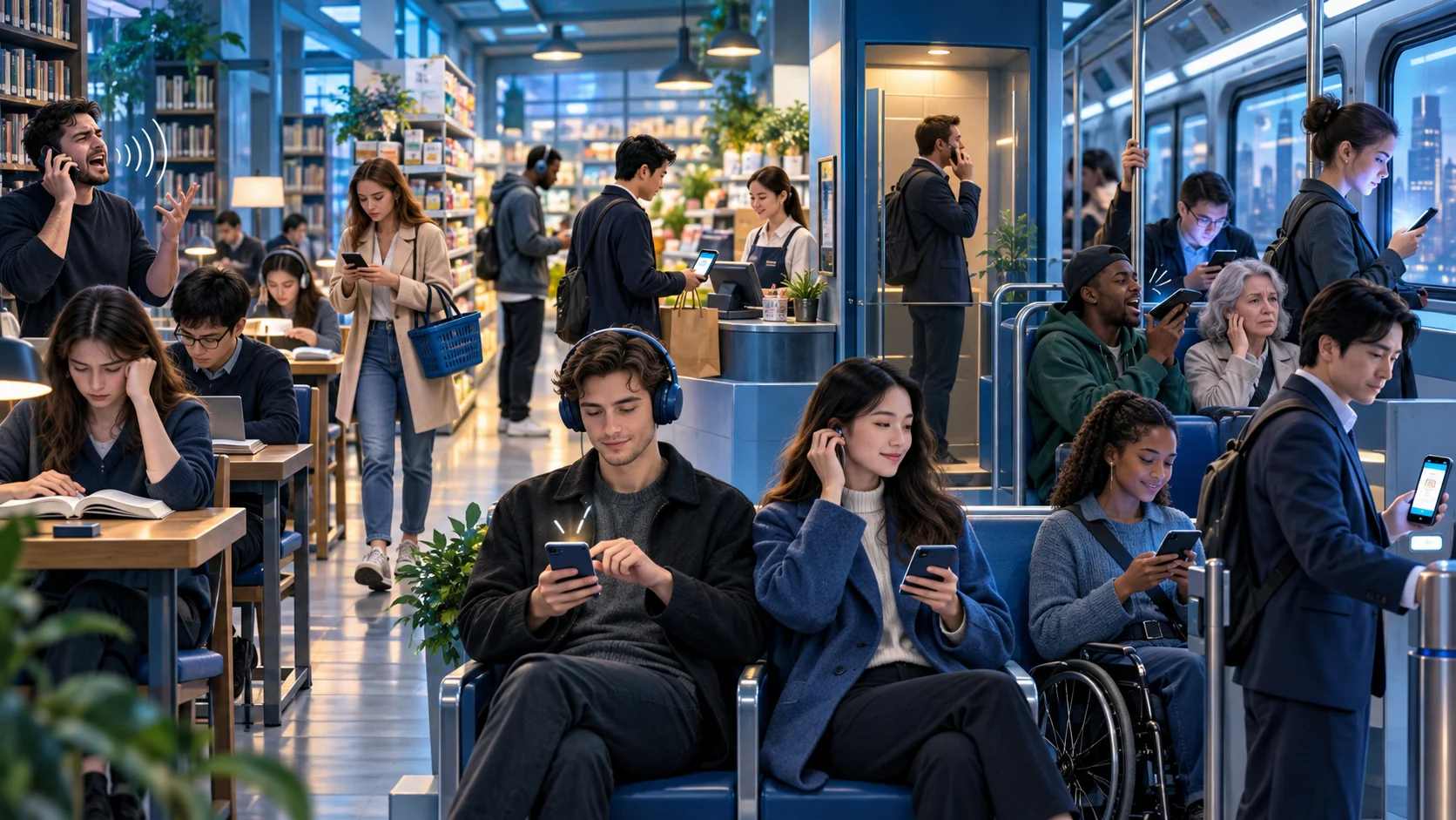 Many people think that mobile phones should be banned in public places such as libraries, shops, and public transport.  Do you agree or disagree?
