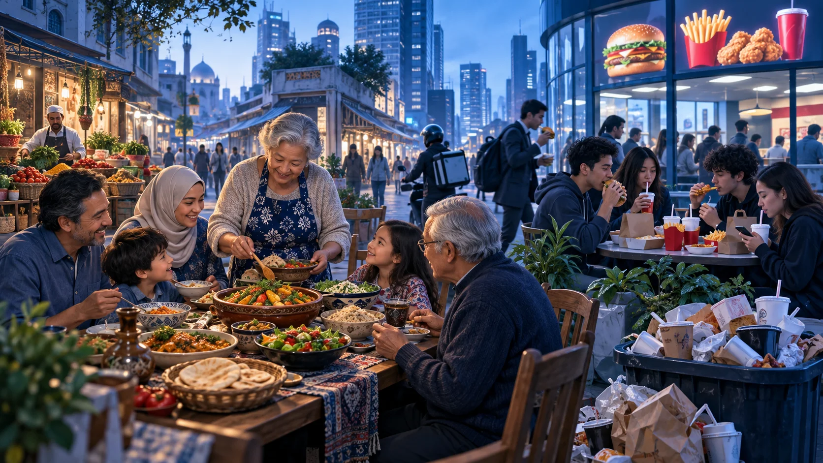 In many countries, traditional foods are being replaced by international fast foods. Many people believe this has a negative impact on both families and societies.  To what extent do you agree or disagree?