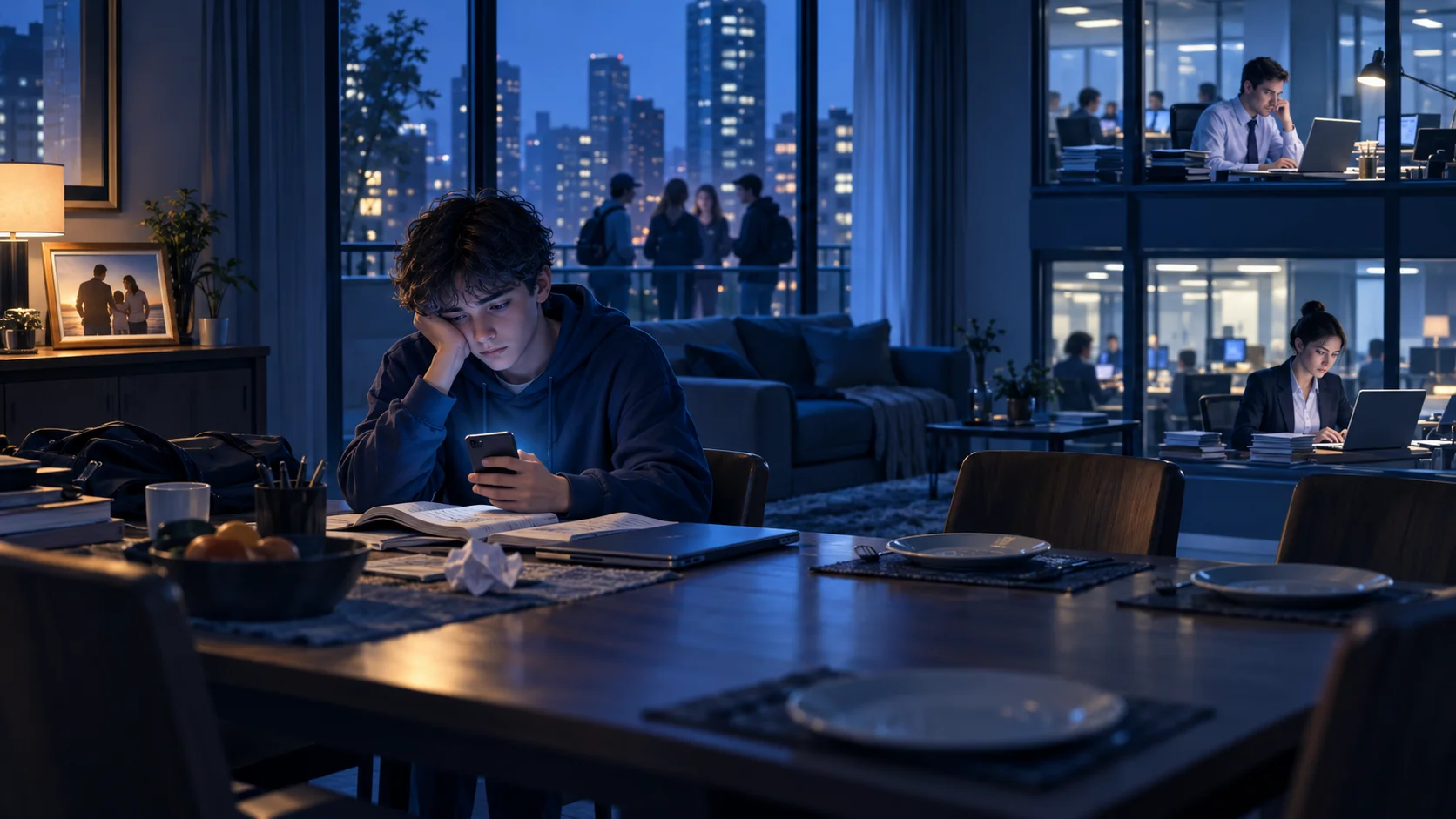 In some places, there are many social problems involving teenagers. Some people say that this is because parents spend too much time at work and not enough at home.