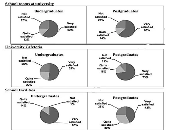 The charts provide information about students in 2007 who were happy with different facilities at a university in the UK.